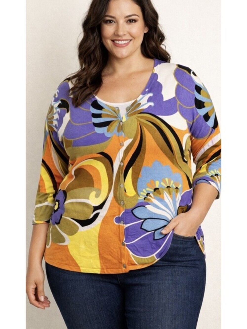 Plus Size 3X Monroe & Main Retro Floral Cardigan Top Stretch Boho Art Print Mod